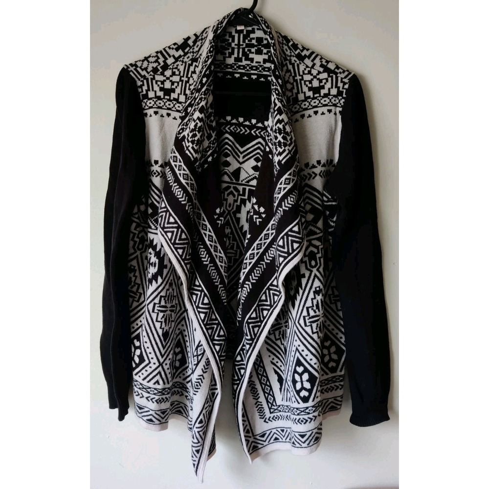 Skies Are Blue Waterfall Cardigan Sweater Aztec Design Cream &‎ Black Size Large